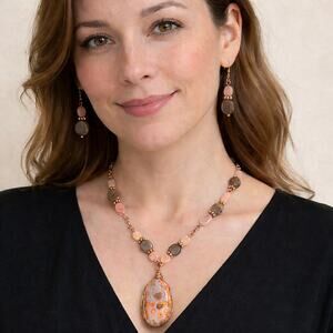 Ocean Jasper 1 1/2" Teardrop Cabochon Peach White Copper 20" Necklace Earrings